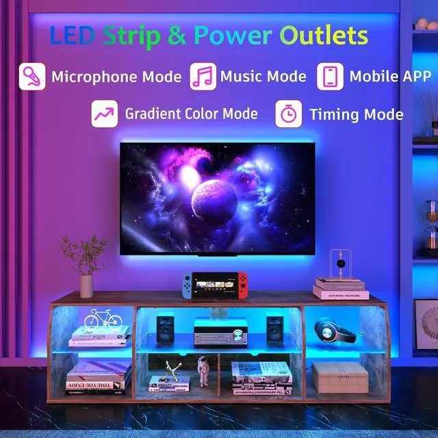 Alt view image 4 of 7 - VECELO TV Stand with LED Strip & Power Outlets, Industrial Entertainment Center for 45/50/55/60/65 inch Television, 7 Open Storage, 3 Tiers Media Console Table, Cord Holes, for Living Room, Bedroom