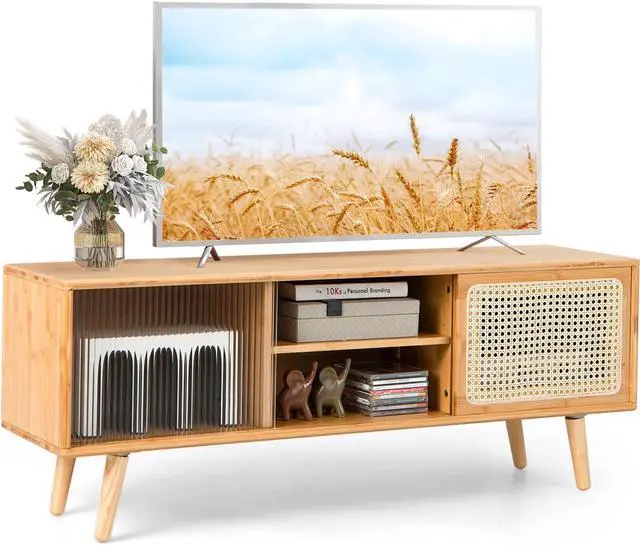 Main image of Tangkula Mid Century Modern TV Stand for TVs up to 55", Bamboo Entertainment Center w/Rattan & Tempered Glass Sliding Doors, Media Console w/Adjustable Shelf & Wood Legs for Living Room