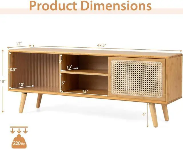 Alt view image 3 of 7 - Tangkula Mid Century Modern TV Stand for TVs up to 55", Bamboo Entertainment Center w/Rattan & Tempered Glass Sliding Doors, Media Console w/Adjustable Shelf & Wood Legs for Living Room