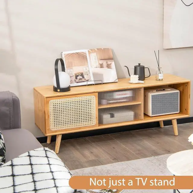 Alt view image 4 of 7 - Tangkula Mid Century Modern TV Stand for TVs up to 55", Bamboo Entertainment Center w/Rattan & Tempered Glass Sliding Doors, Media Console w/Adjustable Shelf & Wood Legs for Living Room
