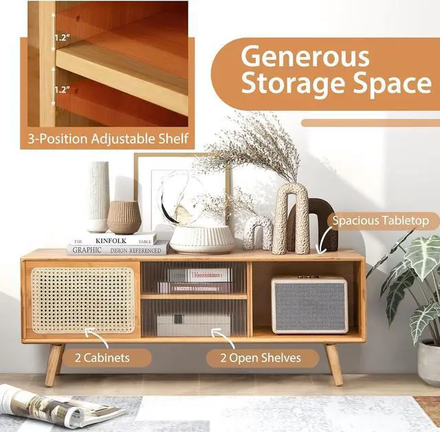 Alt view image 5 of 7 - Tangkula Mid Century Modern TV Stand for TVs up to 55", Bamboo Entertainment Center w/Rattan & Tempered Glass Sliding Doors, Media Console w/Adjustable Shelf & Wood Legs for Living Room