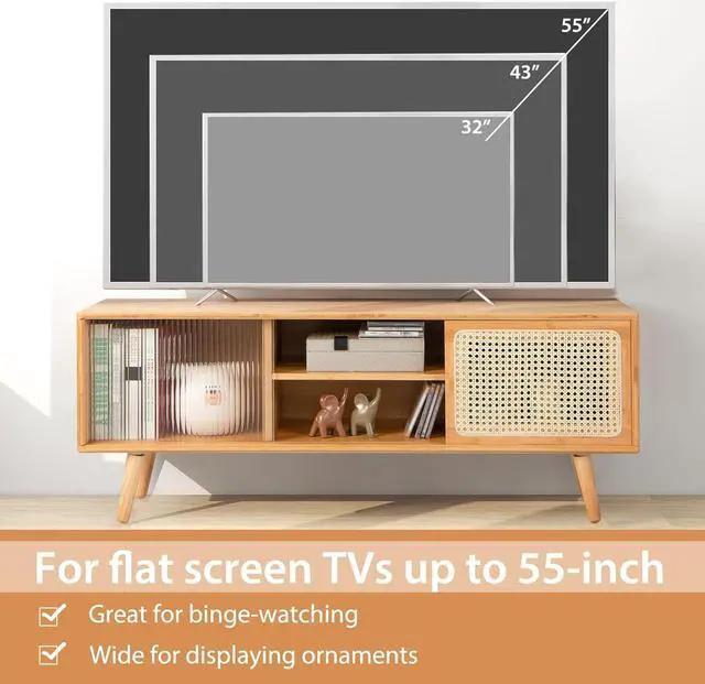 Alt view image 6 of 7 - Tangkula Mid Century Modern TV Stand for TVs up to 55", Bamboo Entertainment Center w/Rattan & Tempered Glass Sliding Doors, Media Console w/Adjustable Shelf & Wood Legs for Living Room