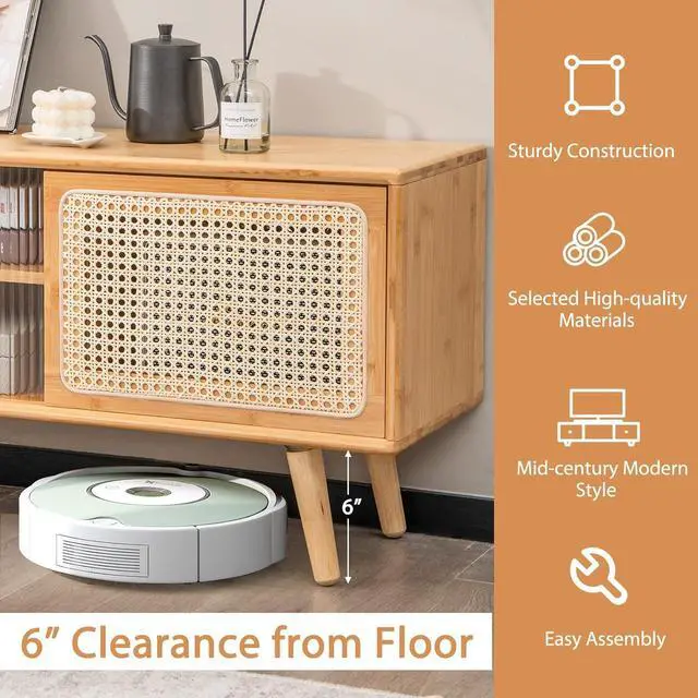 Alt view image 7 of 7 - Tangkula Mid Century Modern TV Stand for TVs up to 55", Bamboo Entertainment Center w/Rattan & Tempered Glass Sliding Doors, Media Console w/Adjustable Shelf & Wood Legs for Living Room