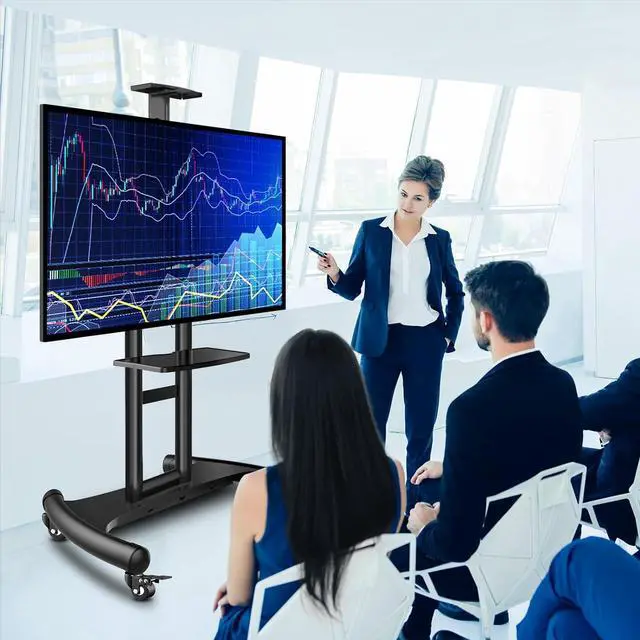 Alt view image 2 of 7 - PERLESMITH Rolling/Mobile TV Cart with Wheels for 32-82 Inch LCD LED 4K Flat Screen TVs - TV Floor Stand with Shelf Holds Up to 100 lbs, Height Adjustable Trolley Max VESA 600x400mm- PSTVMC05