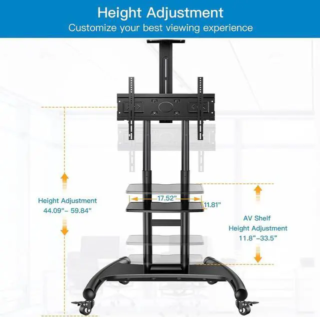 Alt view image 4 of 7 - PERLESMITH Rolling/Mobile TV Cart with Wheels for 32-82 Inch LCD LED 4K Flat Screen TVs - TV Floor Stand with Shelf Holds Up to 100 lbs, Height Adjustable Trolley Max VESA 600x400mm- PSTVMC05