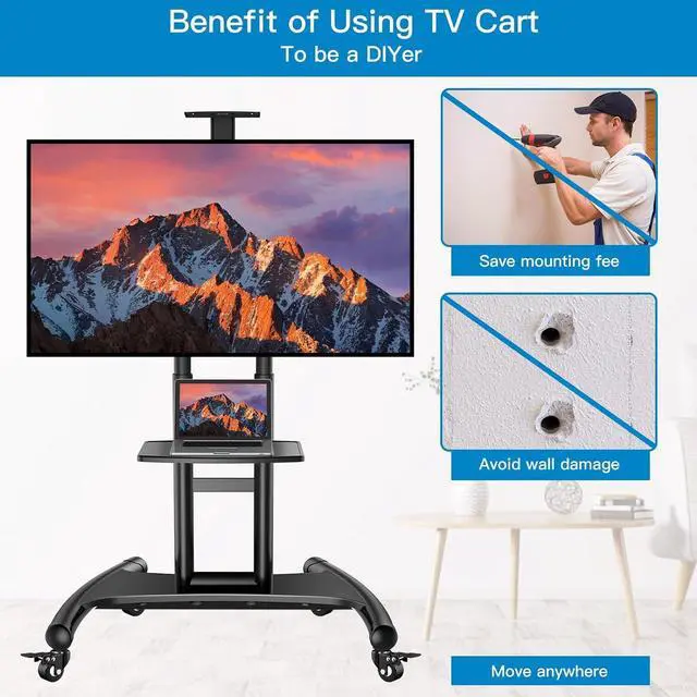 Alt view image 5 of 7 - PERLESMITH Rolling/Mobile TV Cart with Wheels for 32-82 Inch LCD LED 4K Flat Screen TVs - TV Floor Stand with Shelf Holds Up to 100 lbs, Height Adjustable Trolley Max VESA 600x400mm- PSTVMC05