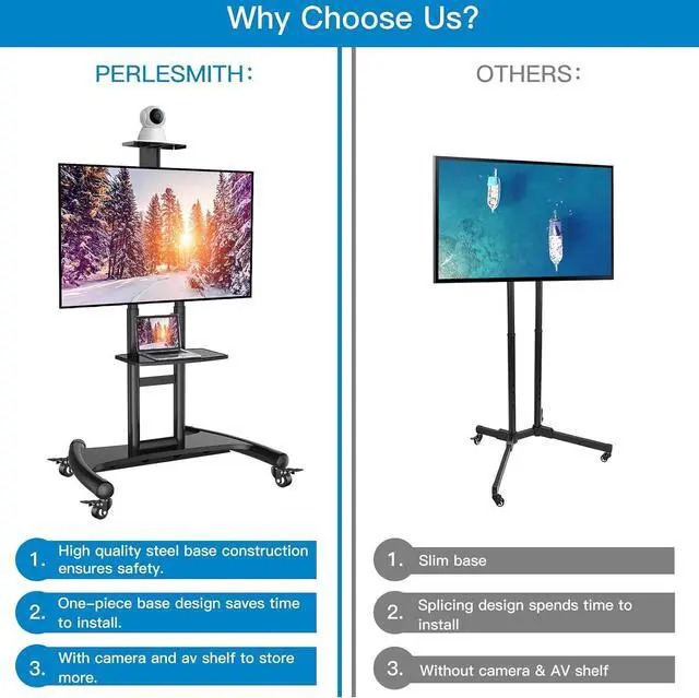 Alt view image 6 of 7 - PERLESMITH Rolling/Mobile TV Cart with Wheels for 32-82 Inch LCD LED 4K Flat Screen TVs - TV Floor Stand with Shelf Holds Up to 100 lbs, Height Adjustable Trolley Max VESA 600x400mm- PSTVMC05