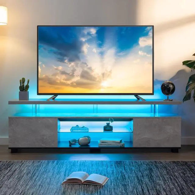 Alt view image 3 of 6 - Cubehom Grey TV Stand for 70" TV, LED Entertainment Center with Storage