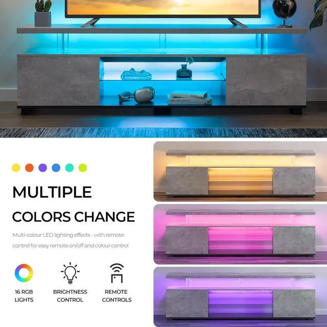 Alt view image 4 of 6 - Cubehom Grey TV Stand for 70" TV, LED Entertainment Center with Storage