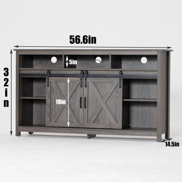 Alt view image 7 of 7 - LED Farmhouse TV Stand for 65 inch TVs, Rustic Entertainment Center TV Cabinet Stands with Power Outlets, Wooden Sliding Barn Door TV Media Console Table Storage and Shelves Wash Grey