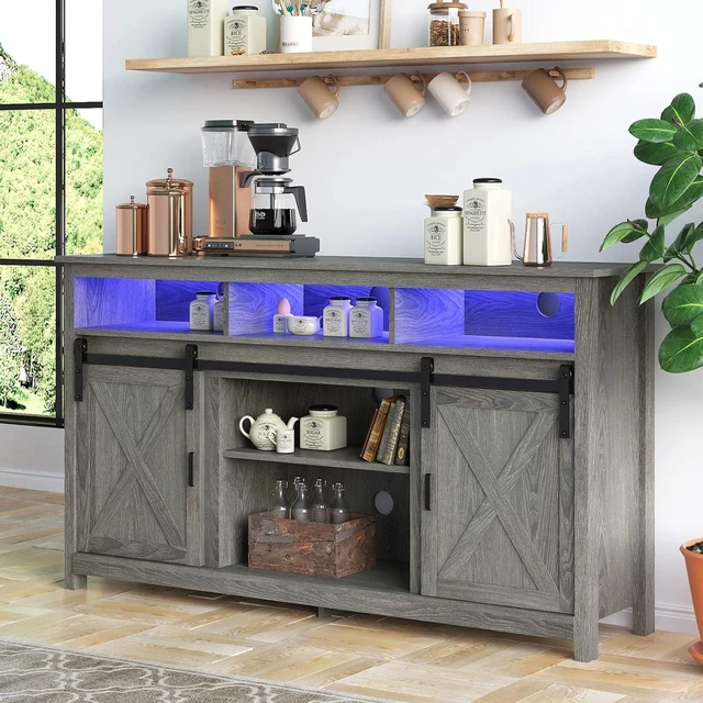 Alt view image 2 of 7 - LED Farmhouse TV Stand for 65 inch TVs, Rustic Entertainment Center TV Cabinet Stands with Power Outlets, Wooden Sliding Barn Door TV Media Console Table Storage and Shelves Wash Grey