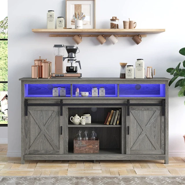 Alt view image 3 of 7 - LED Farmhouse TV Stand for 65 inch TVs, Rustic Entertainment Center TV Cabinet Stands with Power Outlets, Wooden Sliding Barn Door TV Media Console Table Storage and Shelves Wash Grey