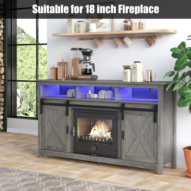 Alt view image 6 of 7 - LED Farmhouse TV Stand for 65 inch TVs, Rustic Entertainment Center TV Cabinet Stands with Power Outlets, Wooden Sliding Barn Door TV Media Console Table Storage and Shelves Wash Grey