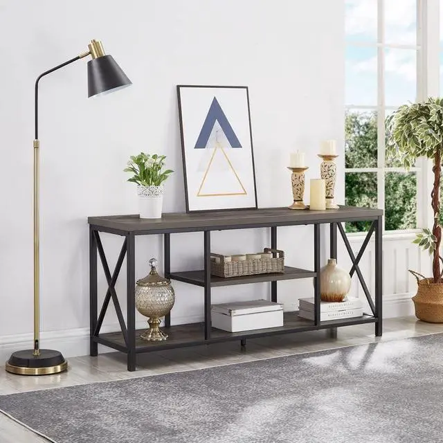 Alt view image 2 of 7 - EXCEFUR 55 inch TV Stand for TV up to 65 inch, Rustic Wood and Metal Media TV Console Table for Living Room, Grey
