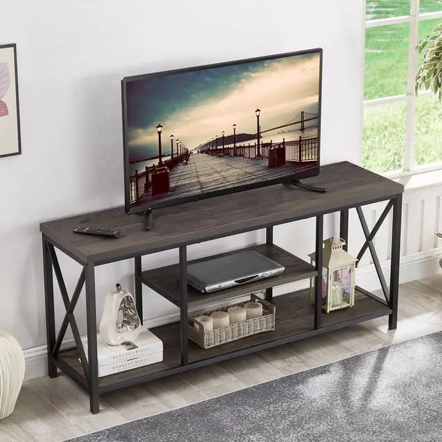 Alt view image 3 of 7 - EXCEFUR 55 inch TV Stand for TV up to 65 inch, Rustic Wood and Metal Media TV Console Table for Living Room, Grey