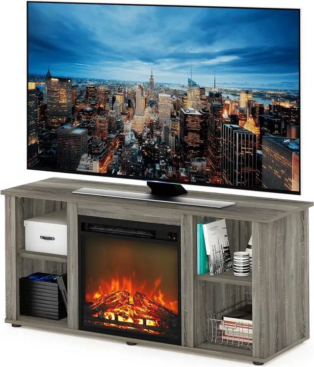 Main image of Furinno Jensen Fireplace Entertainment Center TV Stand with Open Storage for TV up to 55 Inch, French Oak Grey