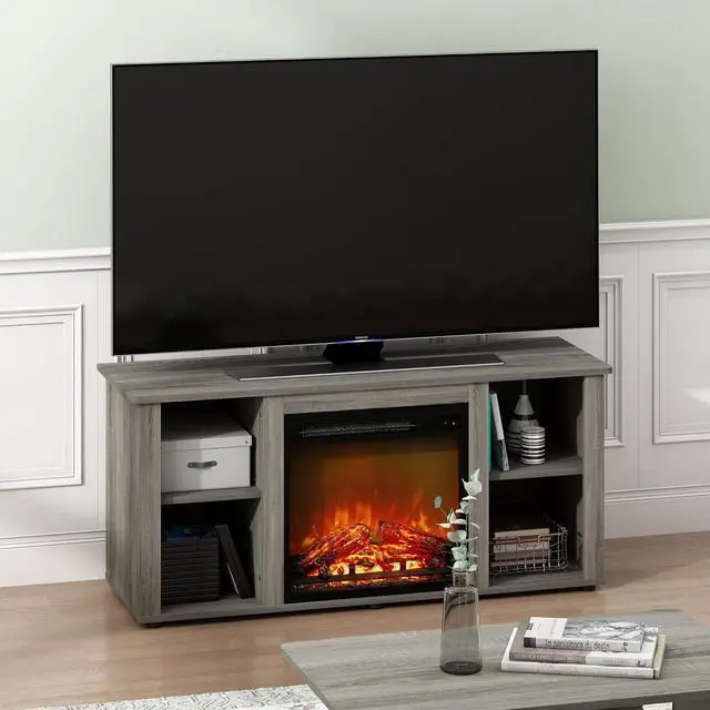 Alt view image 4 of 6 - Furinno Jensen Fireplace Entertainment Center TV Stand with Open Storage for TV up to 55 Inch, French Oak Grey