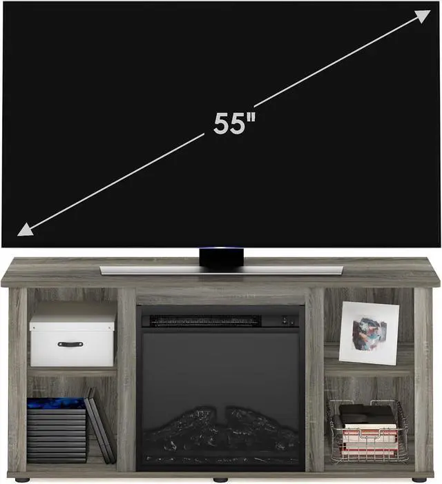 Alt view image 6 of 6 - Furinno Jensen Fireplace Entertainment Center TV Stand with Open Storage for TV up to 55 Inch, French Oak Grey