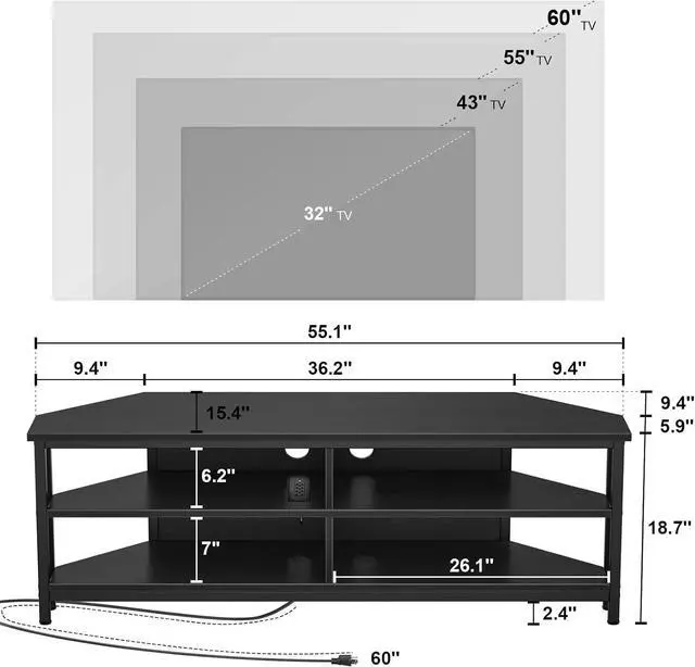 Alt view image 7 of 7 - Unikito Corner TV Stand With Power Outlet, Corner Entertainment Center Corner TV Table With 4 Open Storage Corner TV Cabinet Wood TV Stand For Living Room,Bedroom Corner TV Stand For 55 inch TV, Black