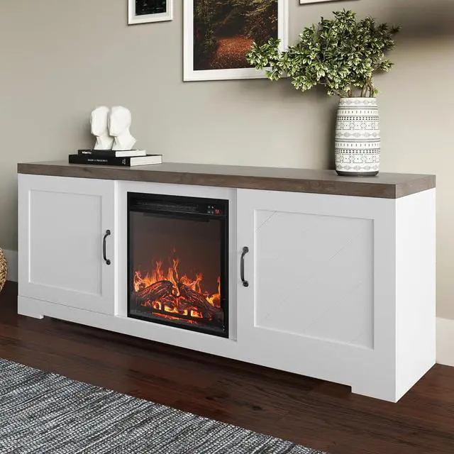 Alt view image 3 of 7 - BELLEZE Modern 58 Inch Farmhouse TV Stand with 18 Inch Electric Fireplace & Media Entertainment Center Console Table for TV up to 65 Inch with Storage Cabinets and Infrared Heater - Hilo (White)