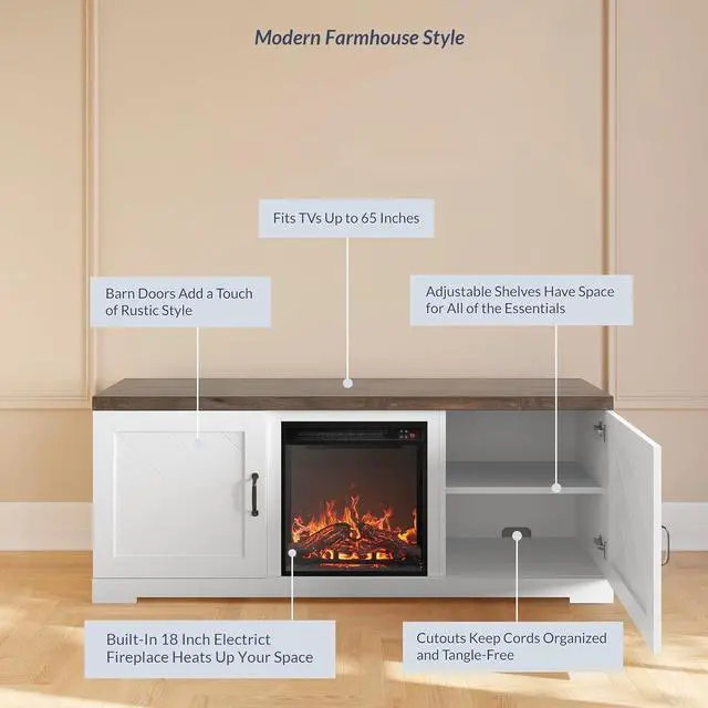 Alt view image 4 of 7 - BELLEZE Modern 58 Inch Farmhouse TV Stand with 18 Inch Electric Fireplace & Media Entertainment Center Console Table for TV up to 65 Inch with Storage Cabinets and Infrared Heater - Hilo (White)