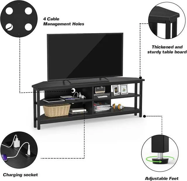 Alt view image 5 of 7 - Unikito Corner TV Stand With Power Outlet, Corner Entertainment Center Corner TV Table With 4 Open Storage Corner TV Cabinet Wood TV Stand For Living Room,Bedroom Corner TV Stand For 55 inch TV, Black