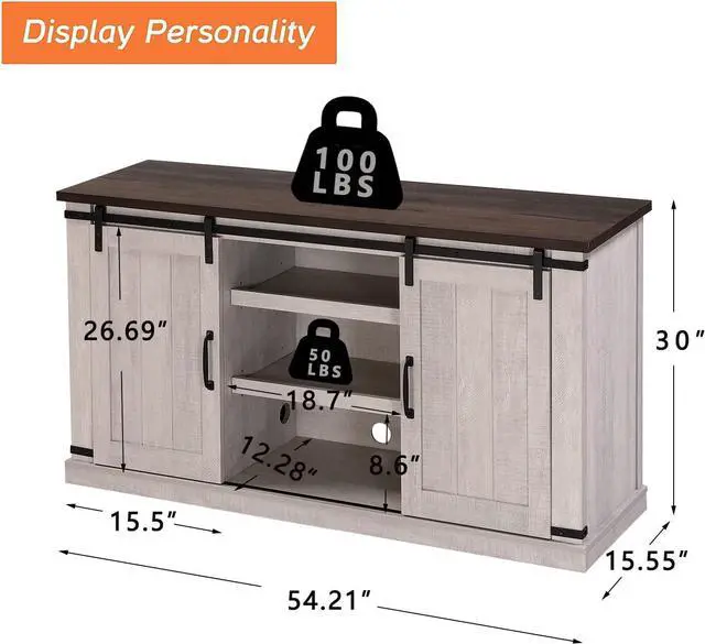 Alt view image 2 of 7 - Asifom White Grey Modern Farmhouse Wood TV Stand for 65 Inch TV, Rustic TV Console Media Entertainment Center Table Living Room Storage Cabinet with Sliding Barn Door Adjustable Shelves