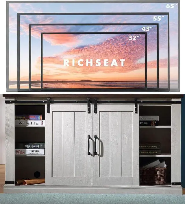 Main image of Asifom White Grey Modern Farmhouse Wood TV Stand for 65 Inch TV, Rustic TV Console Media Entertainment Center Table Living Room Storage Cabinet with Sliding Barn Door Adjustable Shelves