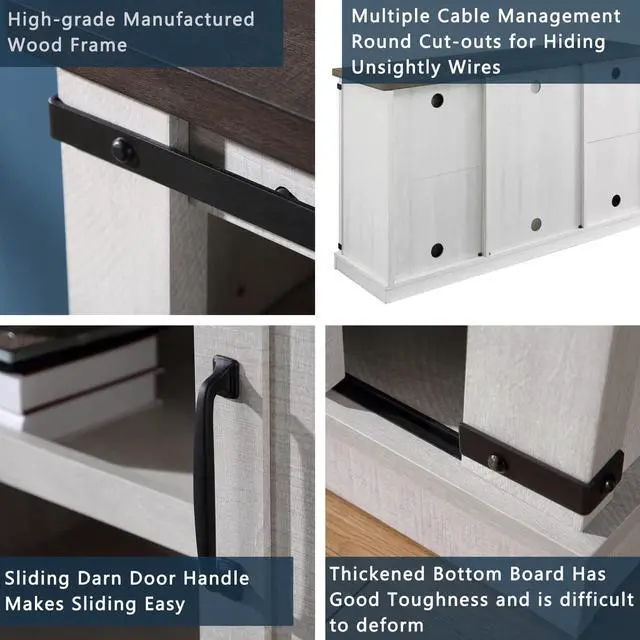 Alt view image 4 of 7 - Asifom White Grey Modern Farmhouse Wood TV Stand for 65 Inch TV, Rustic TV Console Media Entertainment Center Table Living Room Storage Cabinet with Sliding Barn Door Adjustable Shelves