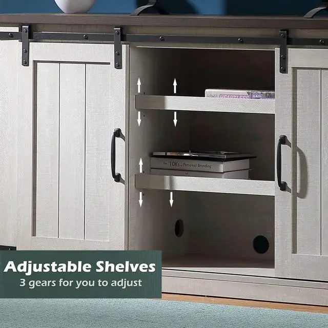 Alt view image 5 of 7 - Asifom White Grey Modern Farmhouse Wood TV Stand for 65 Inch TV, Rustic TV Console Media Entertainment Center Table Living Room Storage Cabinet with Sliding Barn Door Adjustable Shelves
