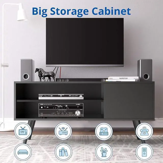 Alt view image 2 of 6 - Cozy Castle TV Stand for 50 Inch TV, Modern TV Console with Shelves for Living Room Bedroom, Black Entertainment Center for Flat Screen TV, Wood TV Stand for TVs up to 50", 43.3 inch