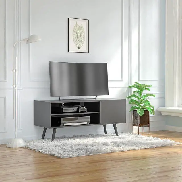 Alt view image 3 of 6 - Cozy Castle TV Stand for 50 Inch TV, Modern TV Console with Shelves for Living Room Bedroom, Black Entertainment Center for Flat Screen TV, Wood TV Stand for TVs up to 50", 43.3 inch