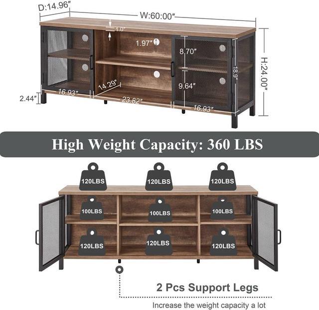Alt view image 4 of 7 - FATORRI Industrial Entertainment Center for TVs up to 65 Inch, Rustic Wood TV Stand, Large TV Console and TV Cabinet for Living Room (60 Inch Wide, Rustic Oak)