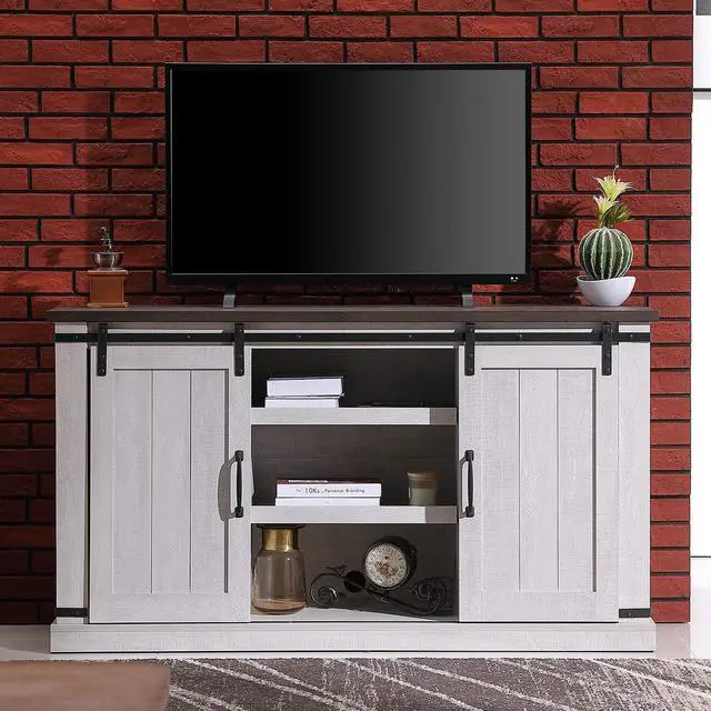 Alt view image 7 of 7 - Asifom White Grey Modern Farmhouse Wood TV Stand for 65 Inch TV, Rustic TV Console Media Entertainment Center Table Living Room Storage Cabinet with Sliding Barn Door Adjustable Shelves