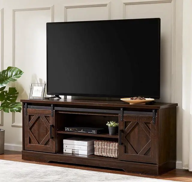Main image of WAMPAT Farmhouse TV Stand Modern Sliding Barn Door Entertainment Center for TVs Up to 65 inch, Wood TV Media Console Table Cabinet Storage for Living Room, Rustic Brown