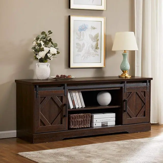 Alt view image 2 of 7 - WAMPAT Farmhouse TV Stand Modern Sliding Barn Door Entertainment Center for TVs Up to 65 inch, Wood TV Media Console Table Cabinet Storage for Living Room, Rustic Brown