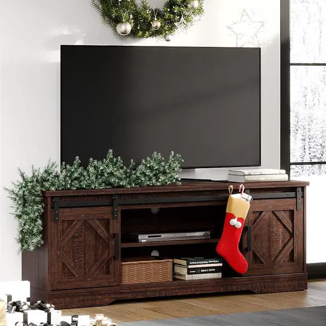 Alt view image 3 of 7 - WAMPAT Farmhouse TV Stand Modern Sliding Barn Door Entertainment Center for TVs Up to 65 inch, Wood TV Media Console Table Cabinet Storage for Living Room, Rustic Brown
