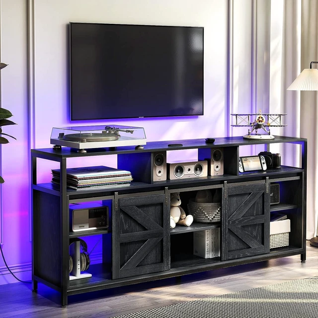 Main image of Mid Century Modern Black TV Stand with Sliding Barn Doors, Charging Station, LED Lights, and Storage Shelves for up to 70 inch TVs