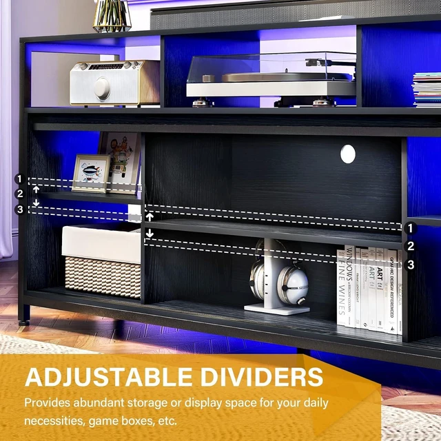 Alt view image 3 of 7 - Mid Century Modern Black TV Stand with Sliding Barn Doors, Charging Station, LED Lights, and Storage Shelves for up to 70 inch TVs
