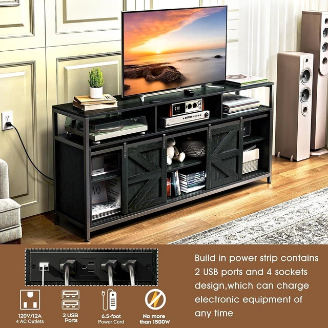 Alt view image 4 of 7 - Mid Century Modern Black TV Stand with Sliding Barn Doors, Charging Station, LED Lights, and Storage Shelves for up to 70 inch TVs