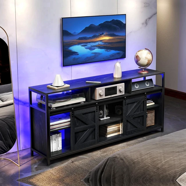 Alt view image 6 of 7 - Mid Century Modern Black TV Stand with Sliding Barn Doors, Charging Station, LED Lights, and Storage Shelves for up to 70 inch TVs