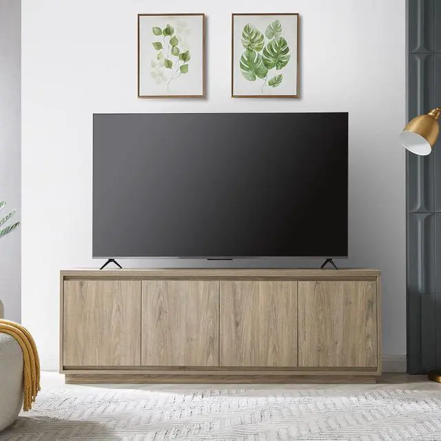 Alt view image 2 of 6 - Henn&Hart 68" TV Stand for TVs up to 75", Weathered Gray | Blends modern and classic style with beveled cabinets, adjustable shelves, and hidden storage for tidy media organization
