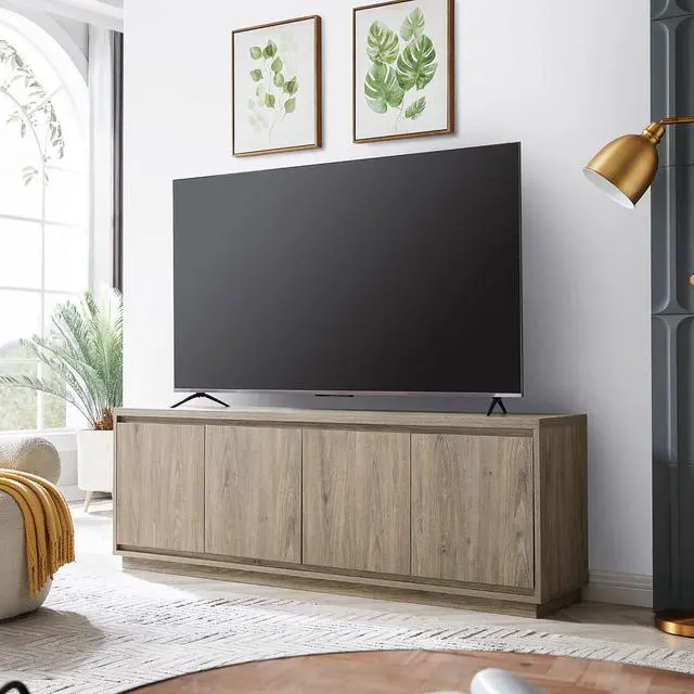 Alt view image 6 of 6 - Henn&Hart 68" TV Stand for TVs up to 75", Weathered Gray | Blends modern and classic style with beveled cabinets, adjustable shelves, and hidden storage for tidy media organization