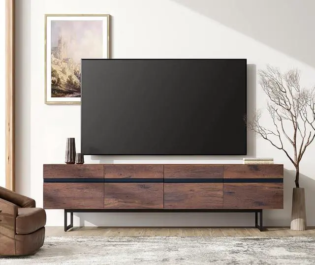 Alt view image 4 of 7 - WAMPAT Modern TV Stand for up to 75 inch TV, Wood Entertainment Center TV Console Table with Storage Cabinets Media Console for Living Room, Brown