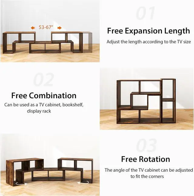 Alt view image 4 of 7 - POWERSTONE TV Console Stand, 3 Pieces Combination Entertainment Center for 50 55 60 65 Inch TV, Modern Media Console Bookcase with Open Storage Shelf for Living Room Bedroom (Walnut)