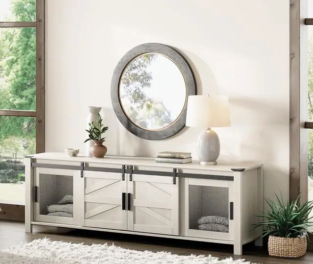 WAMPAT TV Stand For 75 Inch TVs - Entertainment Center With LED Lights & Charging Station, 3-in-1 Off White Cabinet - View #7