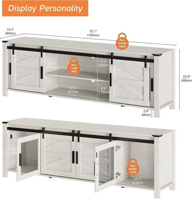 Alt view image 6 of 6 - WAMPAT Farmhouse TV Stand for 75" TV, Antique White