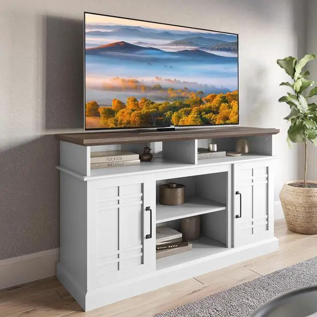 Main image of BELLEZE Modern 48" Farmhouse Wood TV Stand & Media Entertainment Center Console Table for TVs up to 50 Inch with Open Storage Shelves & Cabinets - Norrell (White)