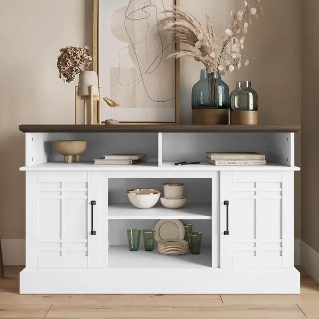 Alt view image 2 of 7 - BELLEZE Modern 48" Farmhouse Wood TV Stand & Media Entertainment Center Console Table for TVs up to 50 Inch with Open Storage Shelves & Cabinets - Norrell (White)