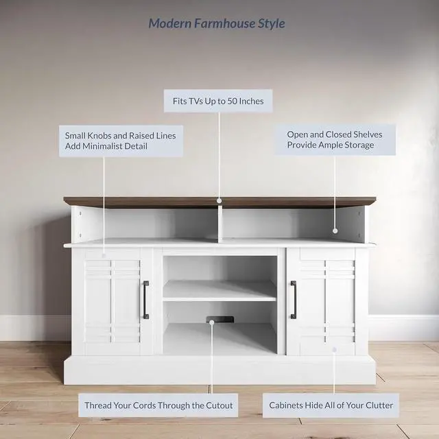 Alt view image 3 of 7 - BELLEZE Modern 48" Farmhouse Wood TV Stand & Media Entertainment Center Console Table for TVs up to 50 Inch with Open Storage Shelves & Cabinets - Norrell (White)